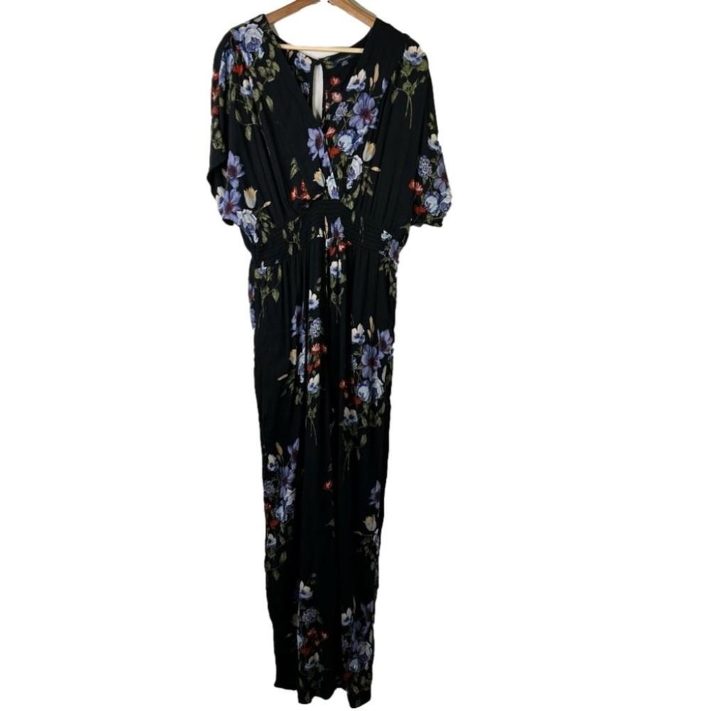 American Eagle Womens Jumpsuit Size Large Black Blue Floral Short Sleeve Romper
